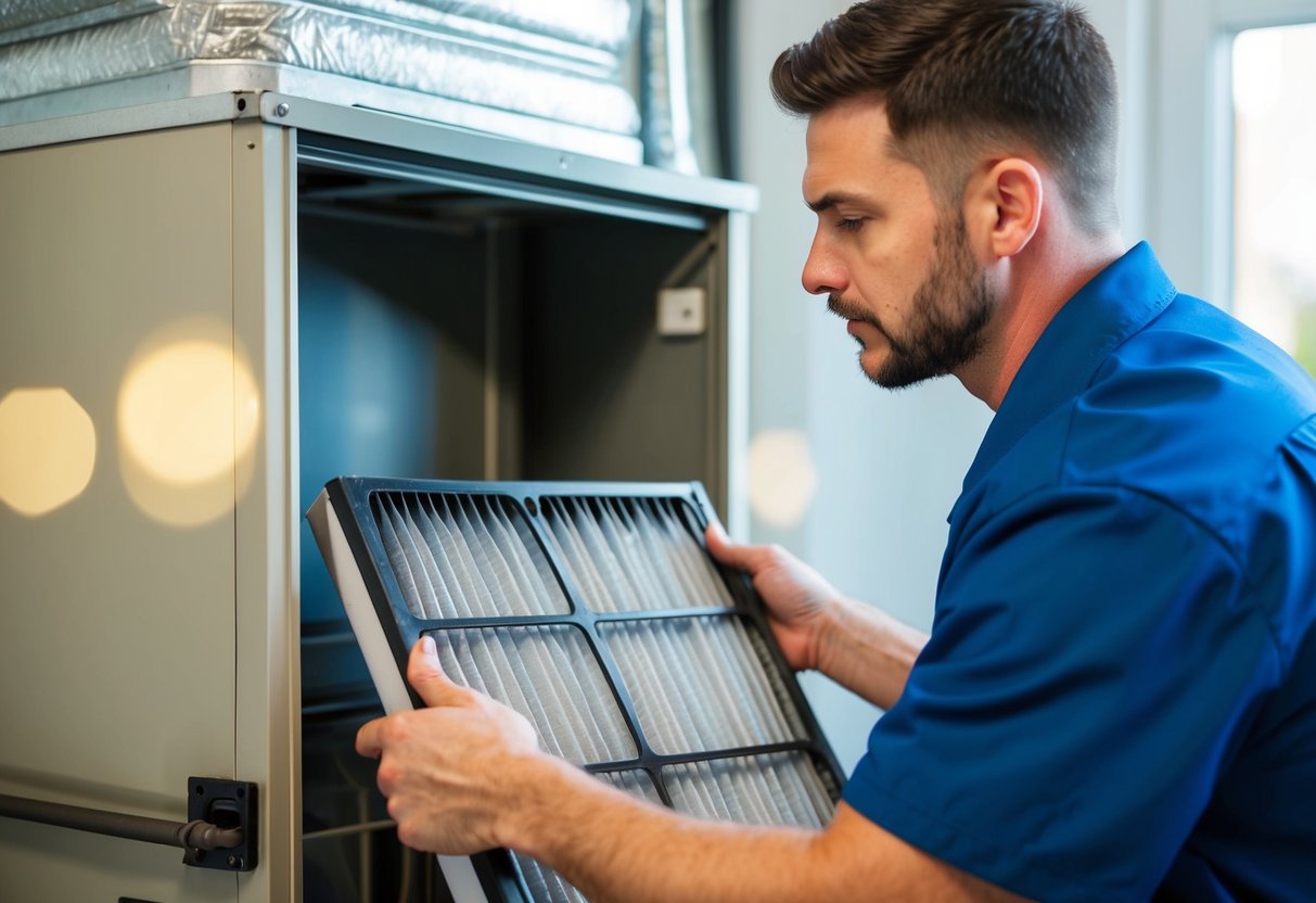 A technician replacing a dirty air filter in an HVAC system