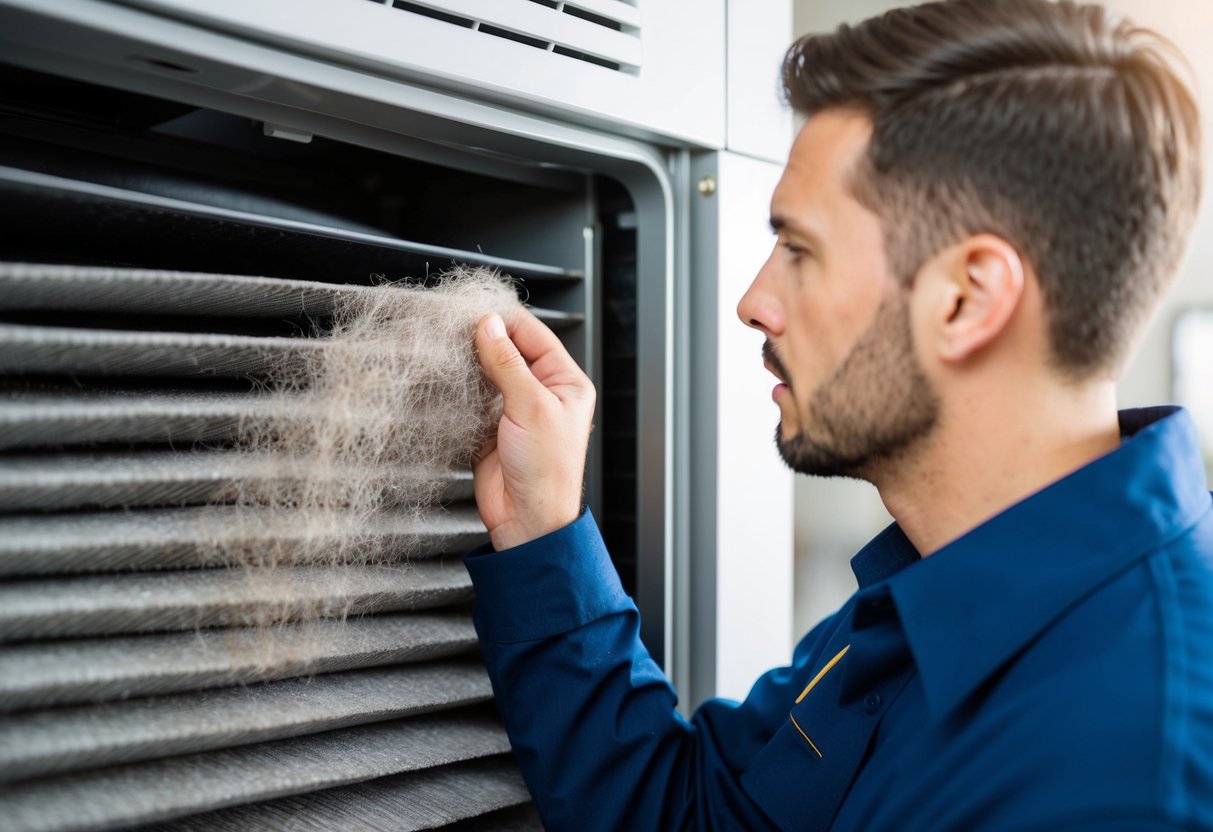 A technician inspecting a dusty HVAC air filter against a clean one, comparing their condition