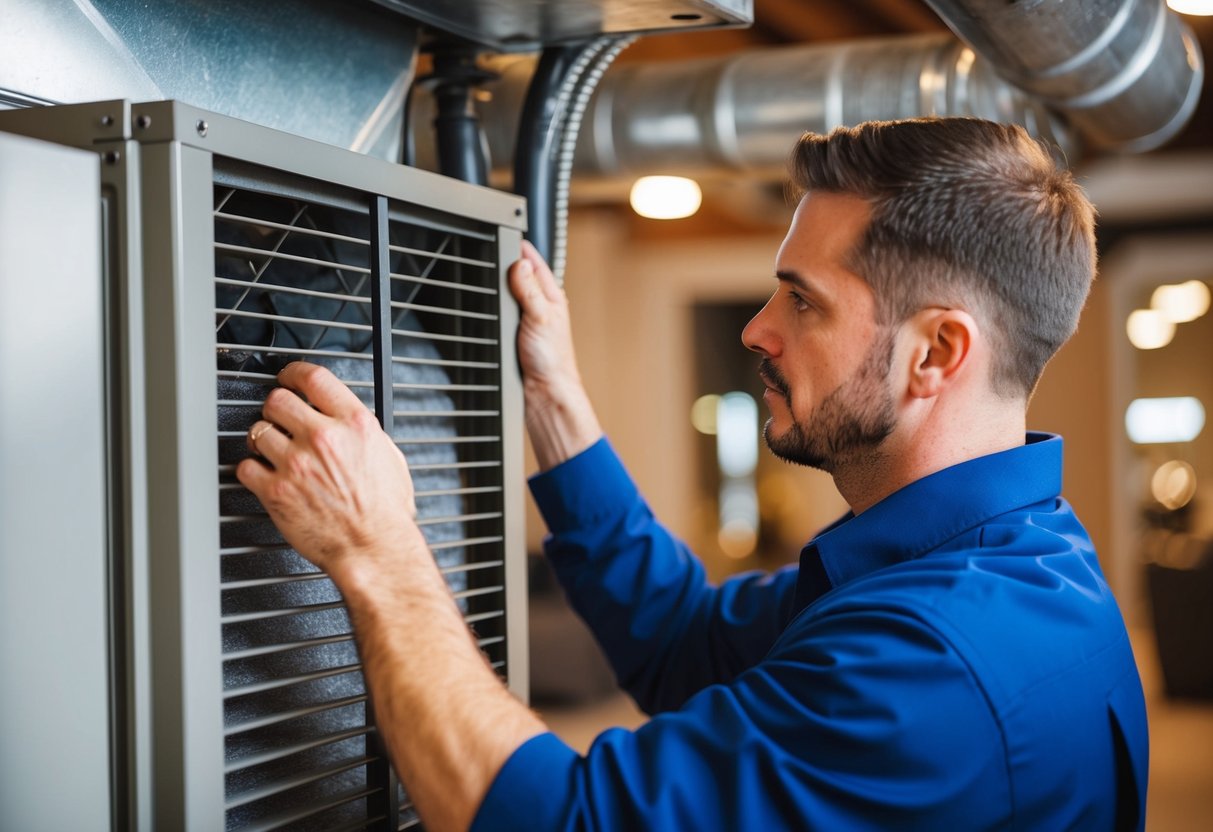 A technician replacing a dirty air filter in an HVAC system