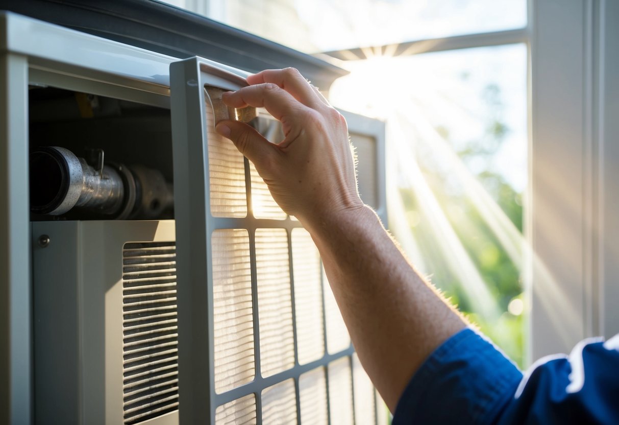 A hand reaching toward an HVAC system, removing a dirty filter and replacing it with a clean one. Rays of sunlight streaming through a window, illuminating the process