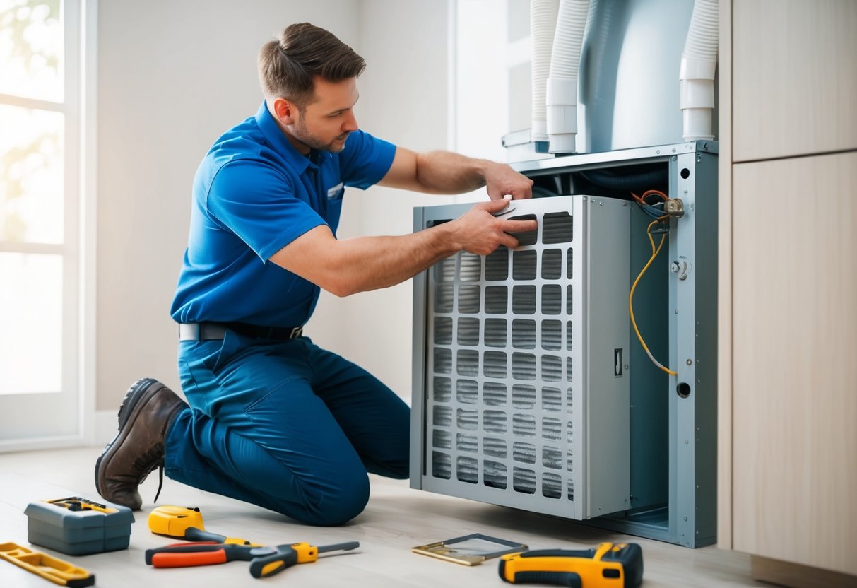 A person replacing an air filter in an HVAC system, surrounded by tools and a clean, well-lit environment