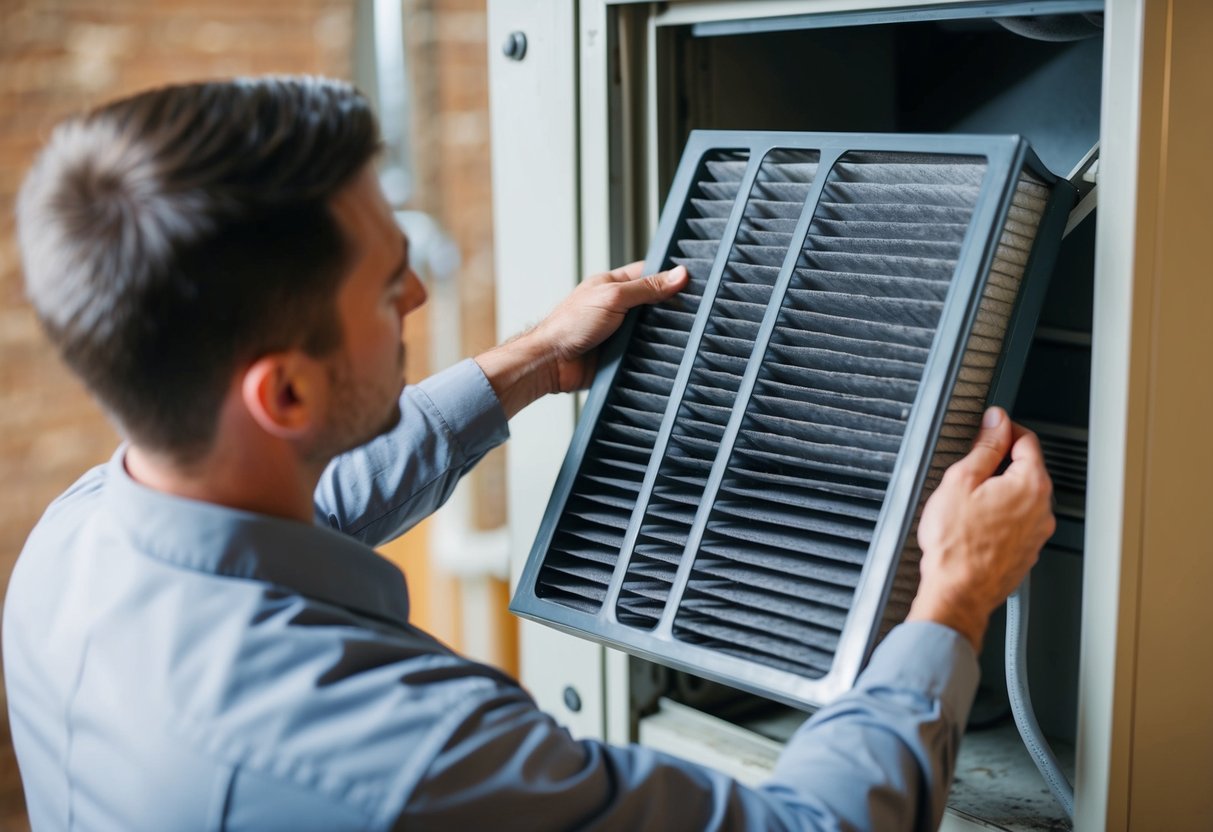 A technician replacing a dirty air filter in an HVAC system