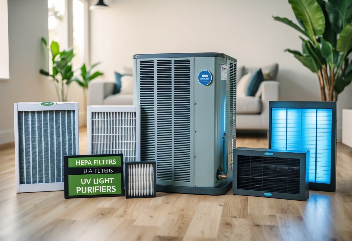 A modern HVAC system with various eco-friendly air filter options displayed around it, including HEPA filters and UV light purifiers