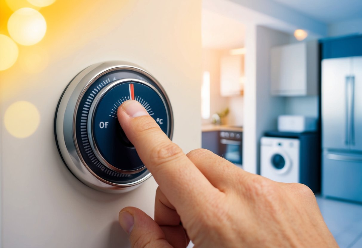 A hand adjusting a thermostat dial to a lower temperature with a background showing a well-insulated home and energy-efficient appliances