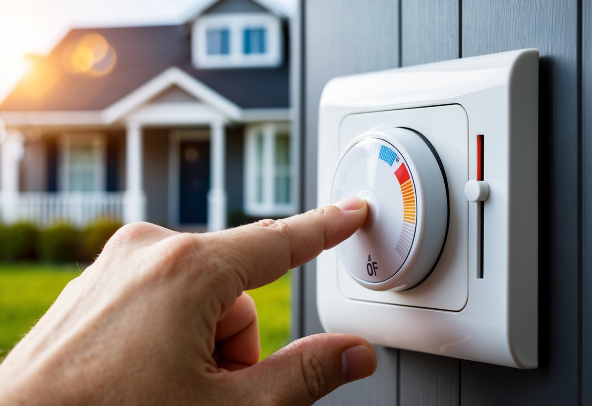 A hand adjusting a thermostat dial with arrows pointing to different temperature settings. A house with energy-efficient features in the background