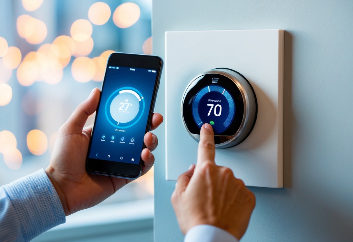 A smart thermostat being adjusted with a mobile device, displaying the importance of regular maintenance and technology integration