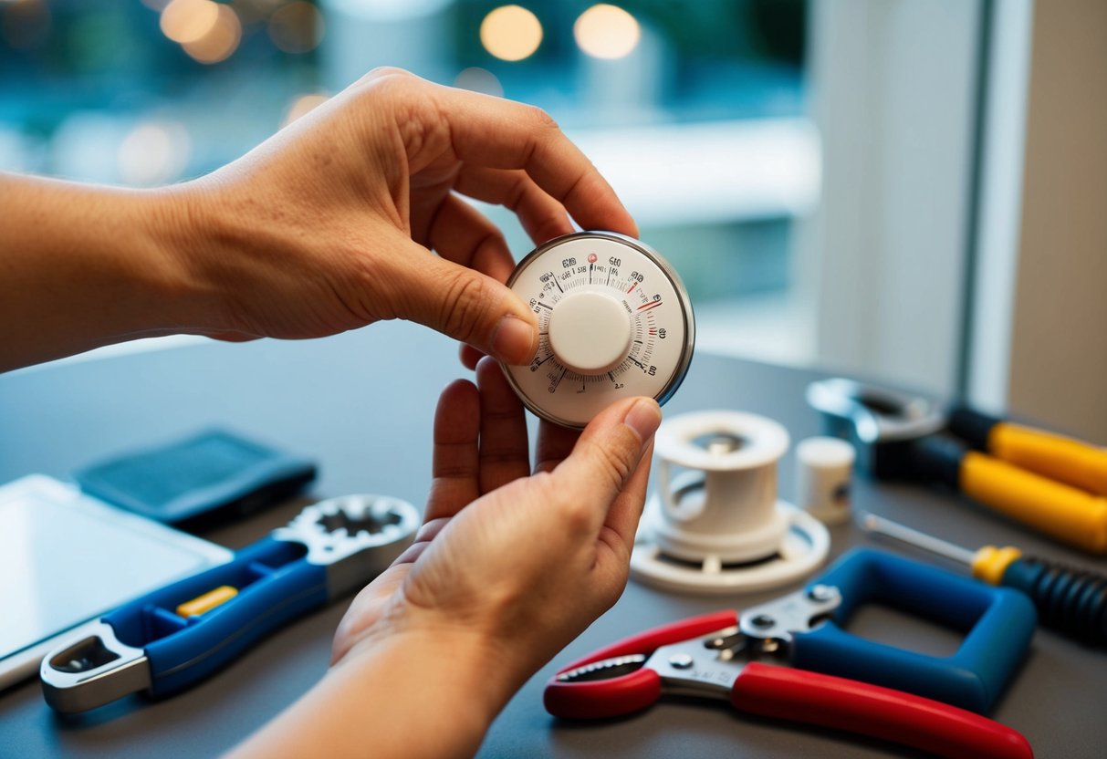 A hand adjusting thermostat settings with various tools nearby