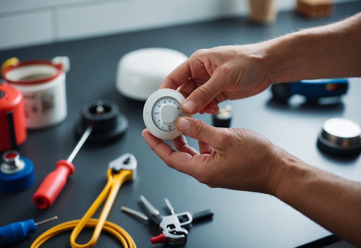 A hand adjusting thermostat settings with various tools and equipment nearby