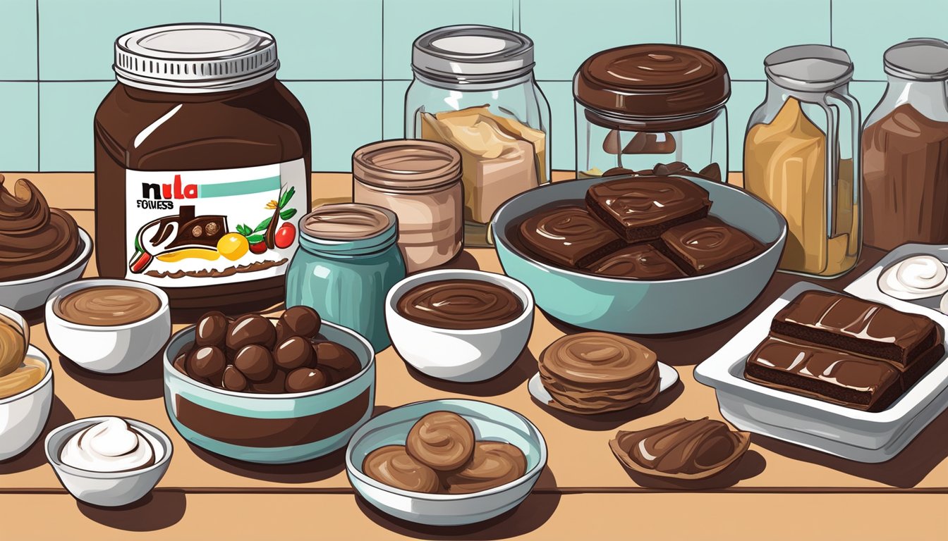 A kitchen counter with ingredients, mixing bowls, and a jar of homemade Nutella surrounded by decadent desserts