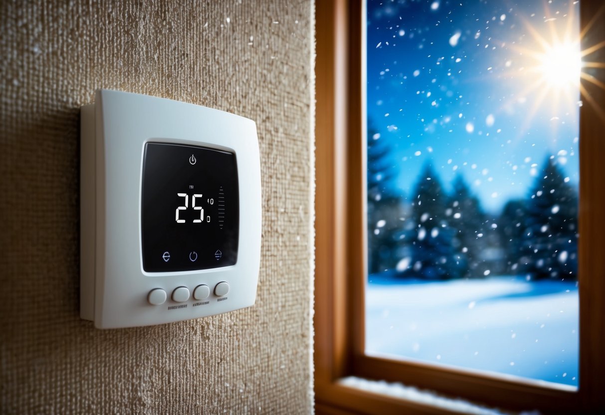 A cozy living room with a thermostat on the wall, set to a comfortable temperature. Outside, the sun shines in a warm summer day, while snow falls on a cold winter night