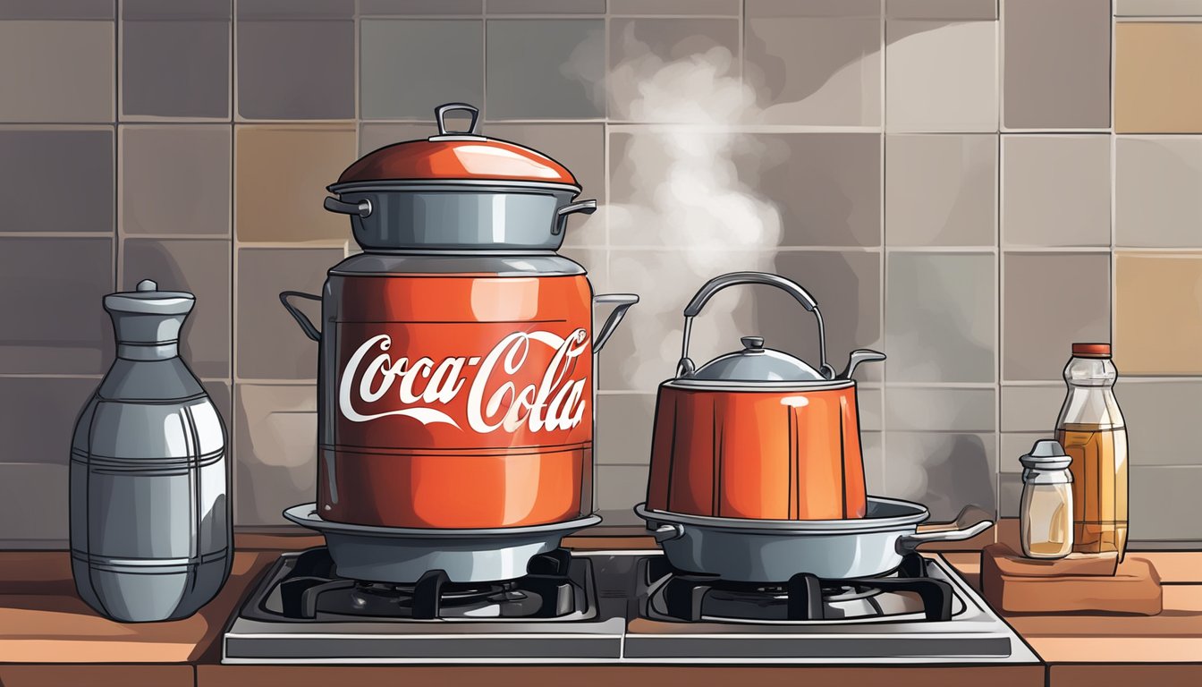 A pot of Coca-Cola simmering on a stove, with ingredients like sugar and spices nearby for making a sweet glaze