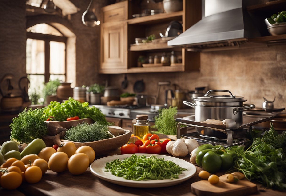 Uma cozinha italiana rústica com legumes frescos, azeite de oliva e ervas sobre uma mesa de madeira, cercada por utensílios e panelas tradicionais italianas.