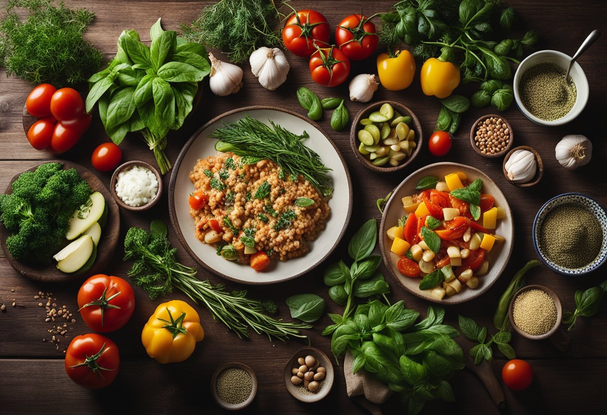 Uma mesa de cozinha rústica com uma variedade de pratos italianos coloridos e low carb, cercada por ervas e vegetais frescos