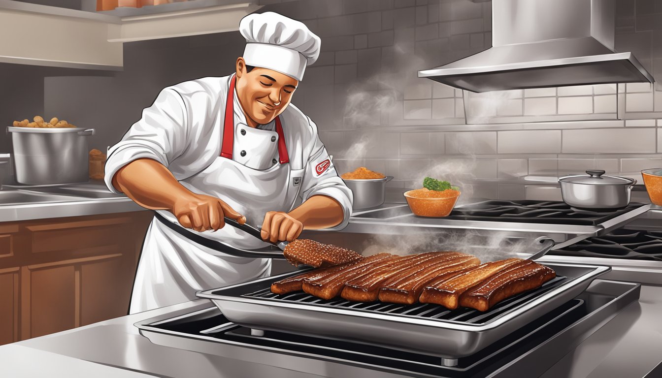 A chef pouring Coca-Cola into a sizzling pan of caramelizing sugar, creating a glossy sweet glaze for a rack of ribs