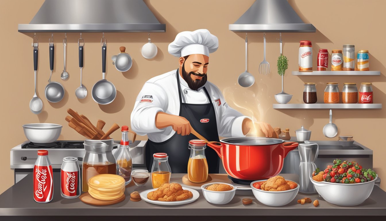 A chef pouring Coca-Cola into a saucepan, surrounded by various ingredients and kitchen utensils for making sweet glazes