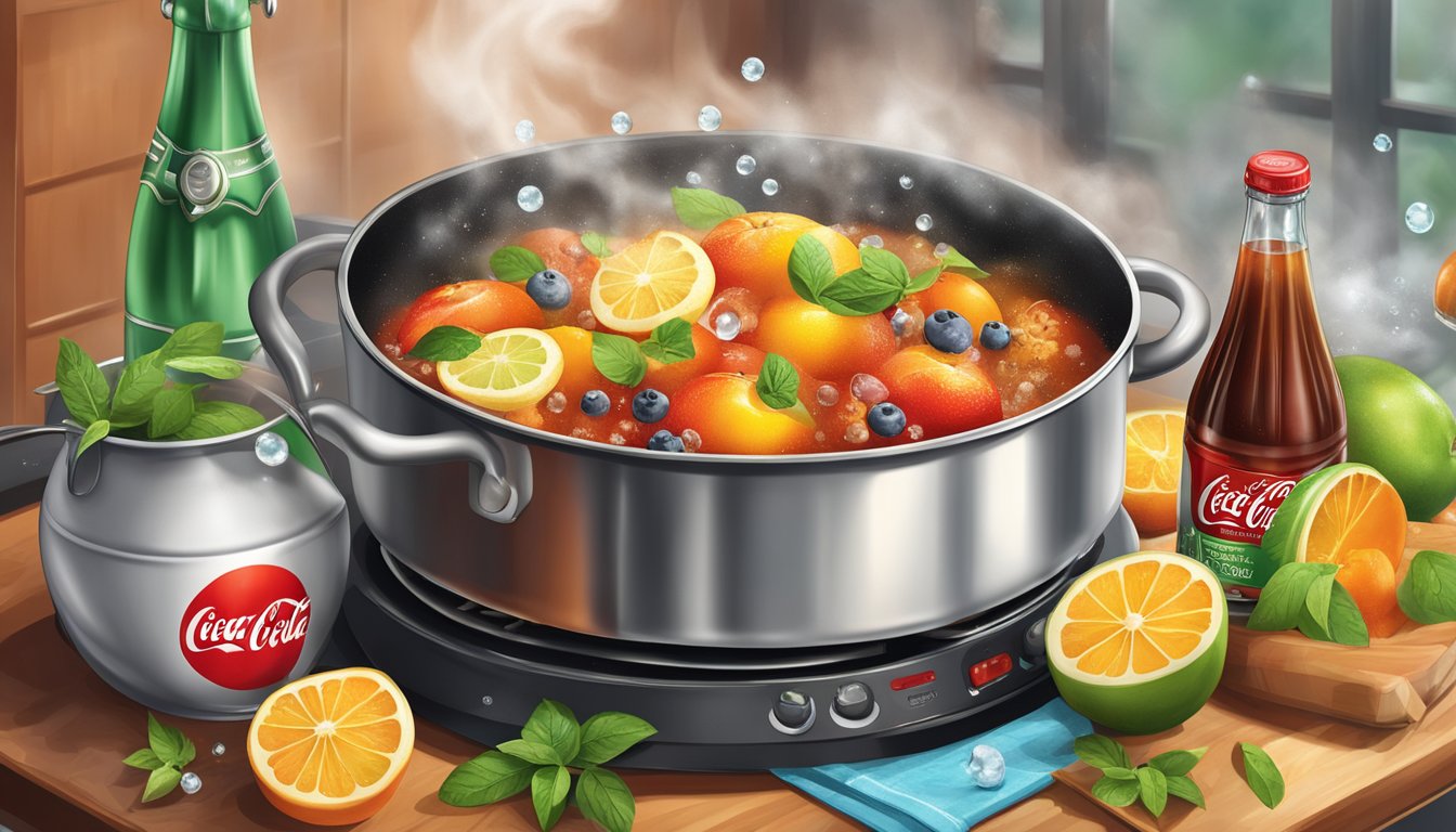 A pot of Coca-Cola simmering on a stovetop, with bubbles and steam rising, surrounded by various ingredients like sugar, spices, and fruits