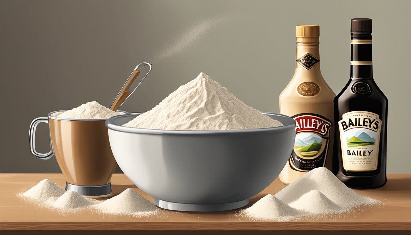 A mixing bowl filled with flour, sugar, and Baileys Irish Cream. A whisk and measuring cups sit on the counter next to a bottle of Baileys