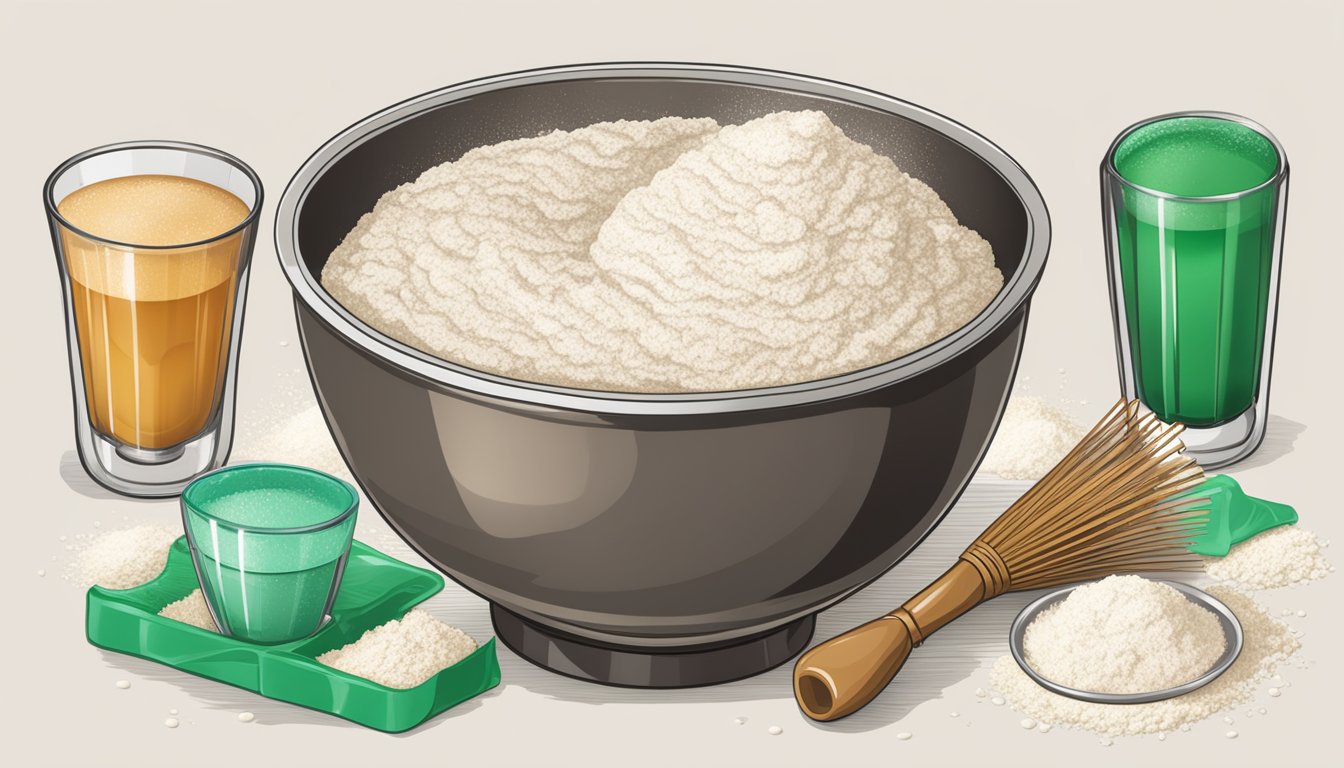 A mixing bowl filled with flour, sugar, and Baileys Irish Cream, surrounded by measuring cups and a whisk