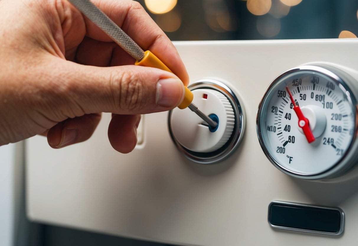 A hand adjusting a thermostat dial with a screwdriver, while a thermometer sits nearby for reference