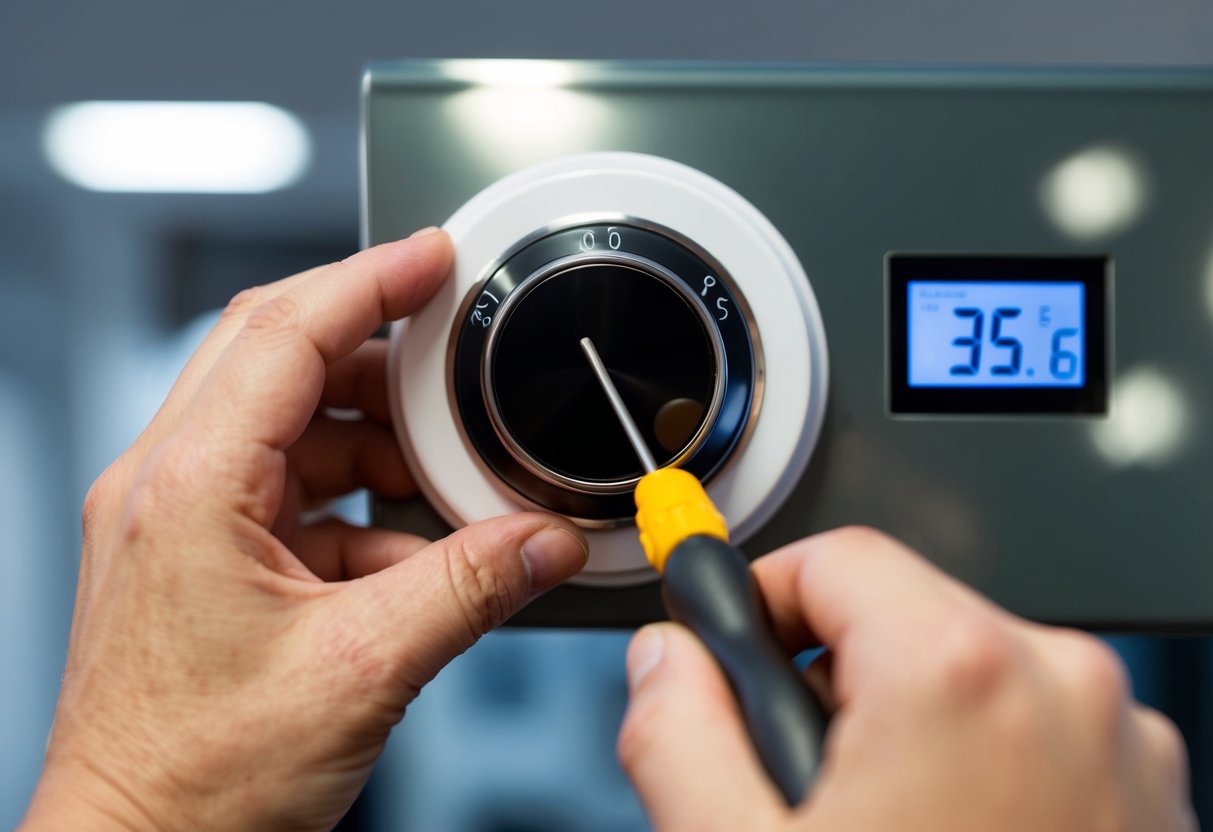 A hand adjusting a thermostat dial with a screwdriver, while a digital thermometer displays the temperature