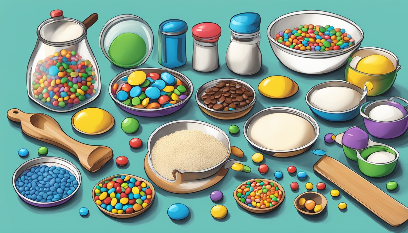 A colorful array of baking tools and equipment, with M&M's scattered across the countertop