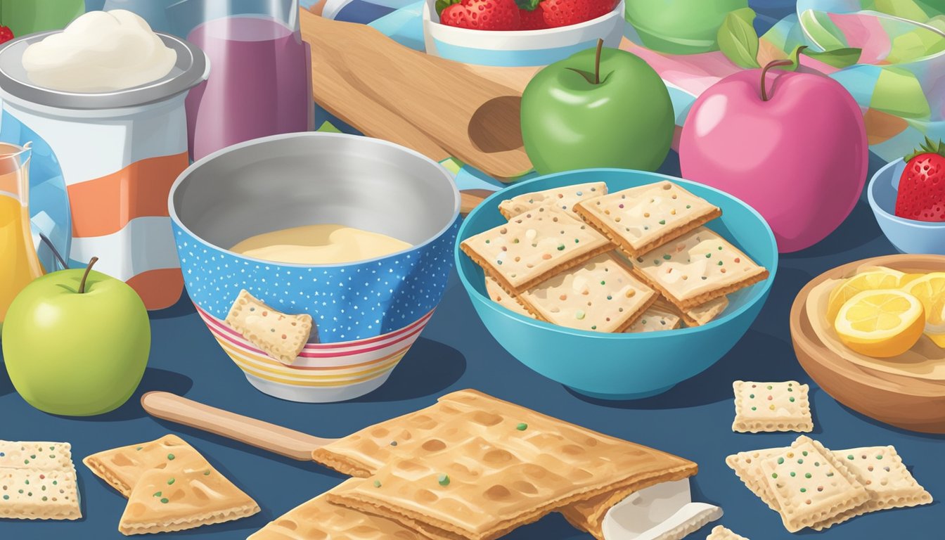 A kitchen counter with various flavors of Pop-Tarts, a mixing bowl, measuring cups, and a rolling pin. Ingredients like sugar, butter, and fruit are scattered around