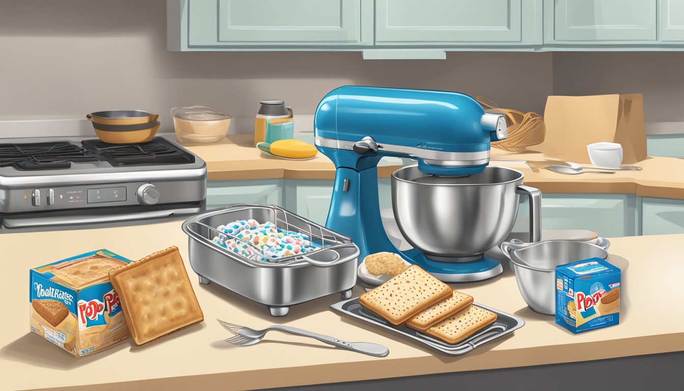 A kitchen counter with an open box of Pop-Tarts, a toaster, a mixing bowl, a whisk, and various baking utensils