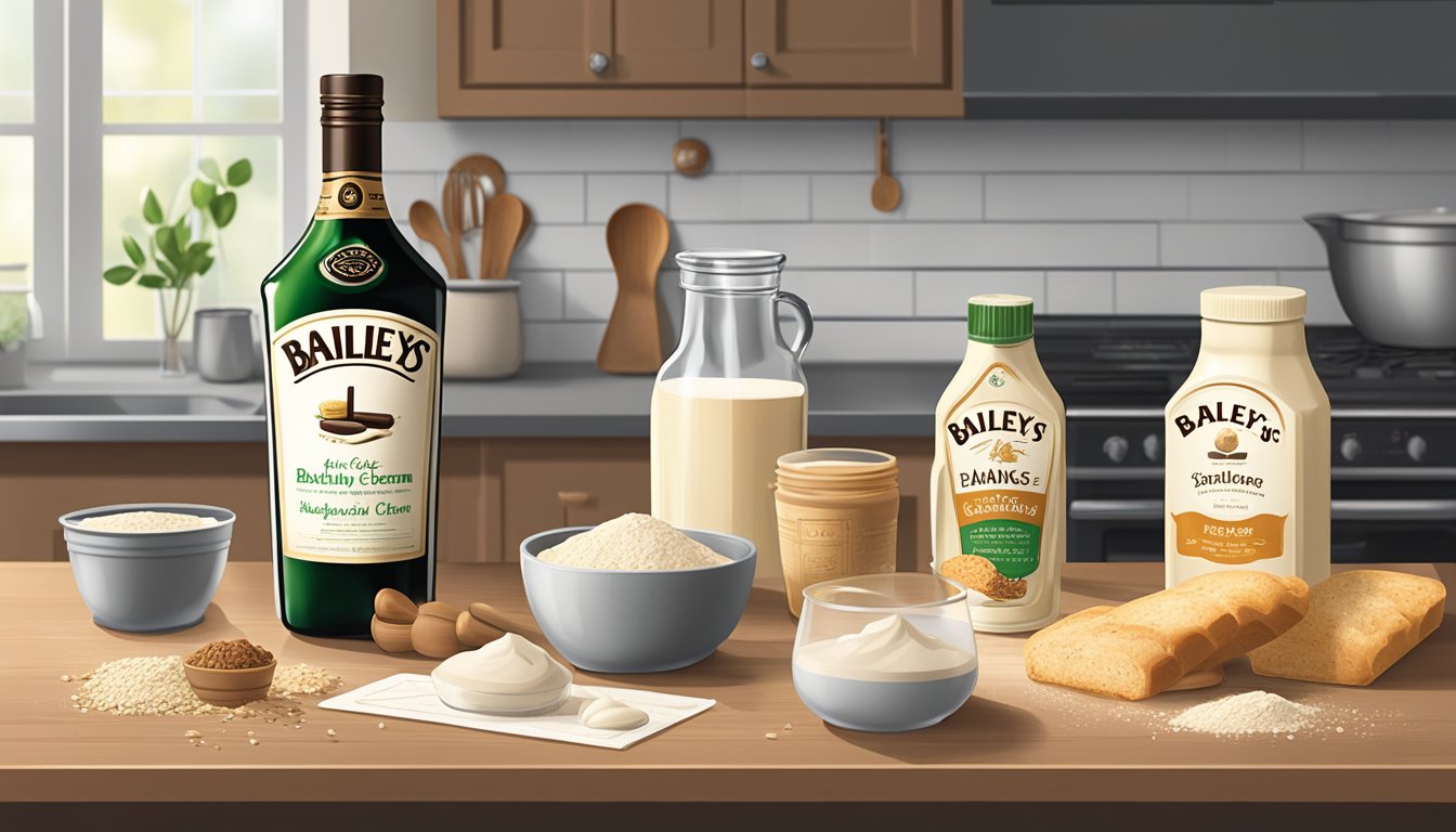 A kitchen counter with baking ingredients, Baileys Irish Cream bottle, and recipe cards scattered around. A mixing bowl and measuring cups sit ready for use