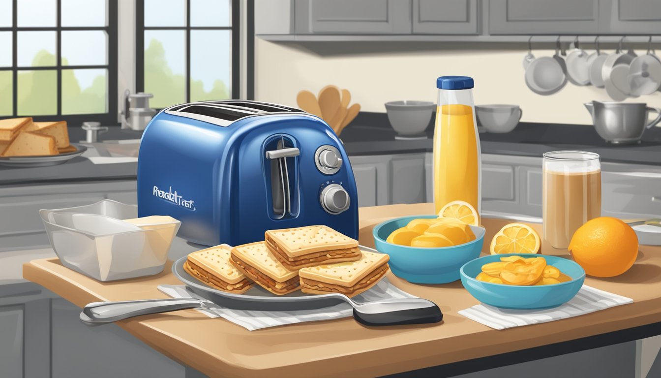 A kitchen counter with various ingredients and utensils, a toaster, and a plate of freshly toasted Pop-Tarts ready to be used in creating nostalgic desserts