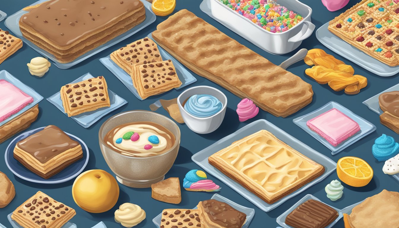 A kitchen counter with an assortment of Pop-Tarts, baking ingredients, and nostalgic dessert creations