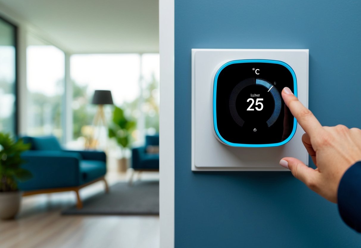 A smart thermostat adjusting temperature settings in a modern, energy-efficient home