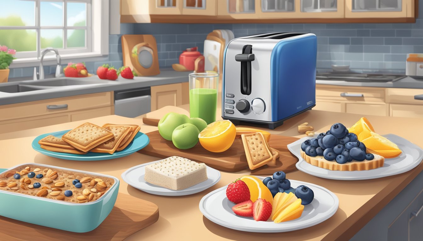 A colorful kitchen counter with a toaster, a plate of freshly toasted Pop-Tarts, and a variety of healthy toppings such as fresh fruit and nuts