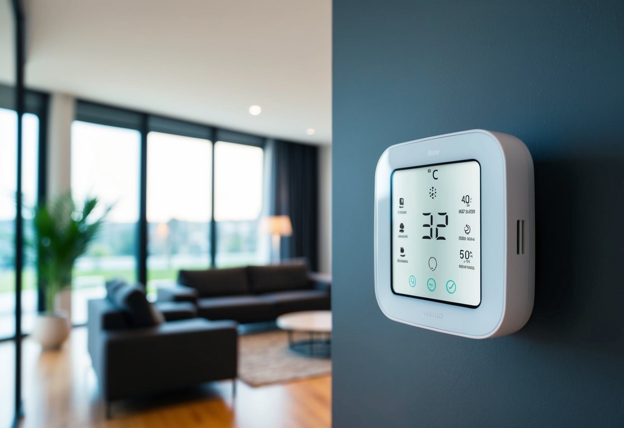 A modern living room with a smart thermostat integrated into the wall, displaying advanced features for temperature control and energy-saving settings