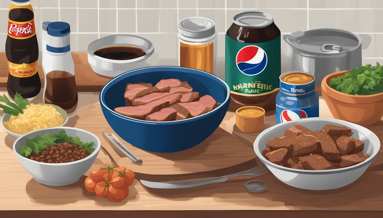 A bowl of marinating meat sits on a kitchen counter, surrounded by ingredients like soy sauce, garlic, and a can of Pepsi