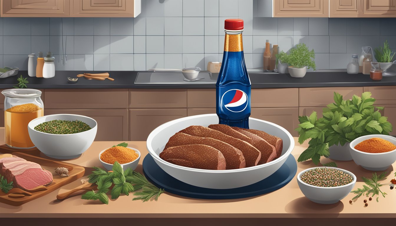 A bottle of Pepsi pouring into a bowl of marinating meat, surrounded by various spices and herbs on a kitchen counter