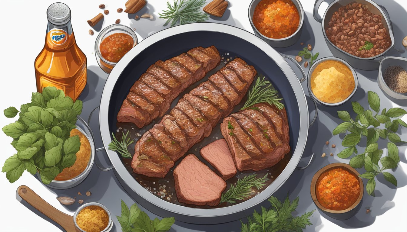 A glass dish filled with marinating meat soaking in Pepsi, surrounded by various herbs and spices. A grill sizzling with meat being cooked in a Pepsi-based marinade