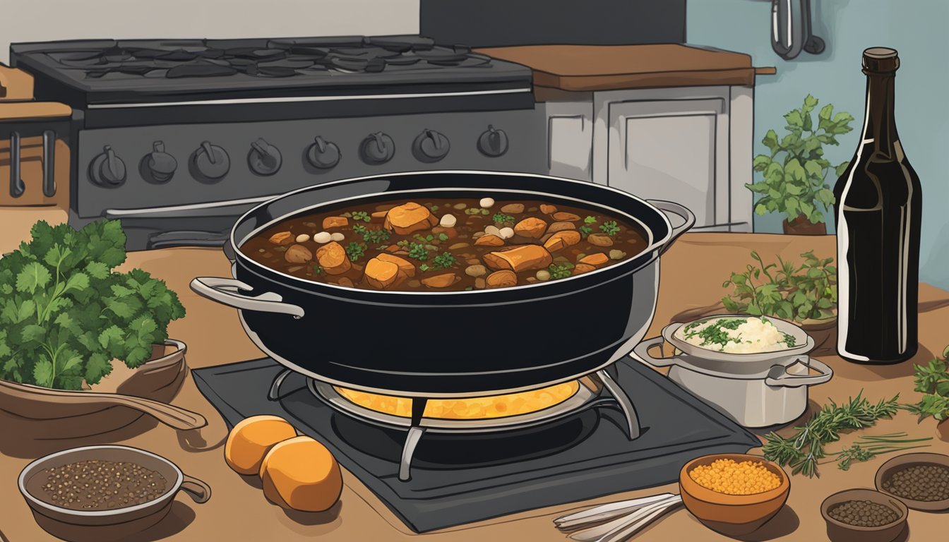 A bubbling pot of rich stew simmering on a stove, with a bottle of Guinness and a variety of herbs and seasonings scattered nearby