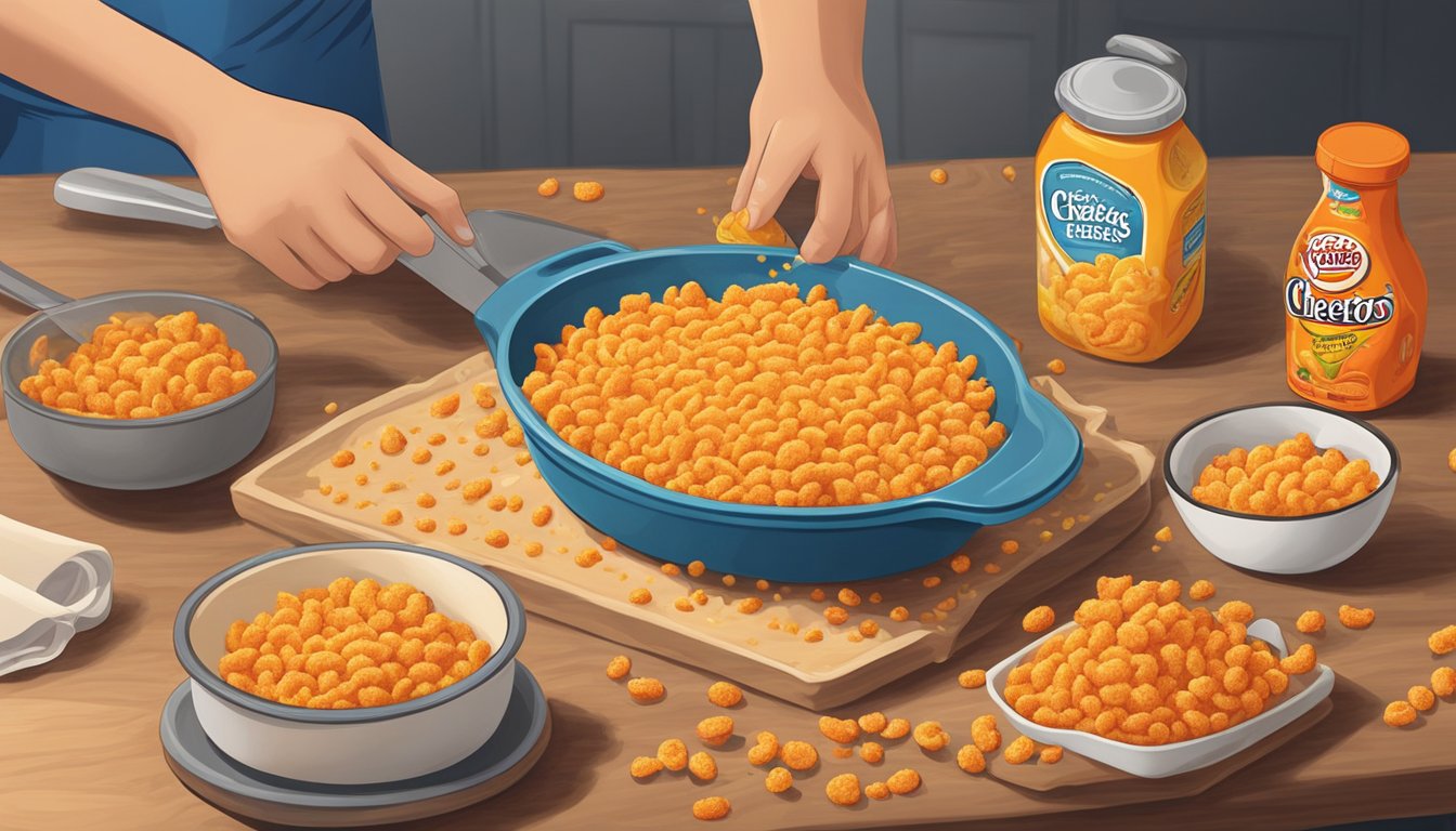 A hand sprinkles crushed Cheetos over a baking dish with a cheesy crust. The dish sits on a kitchen counter surrounded by ingredients and utensils