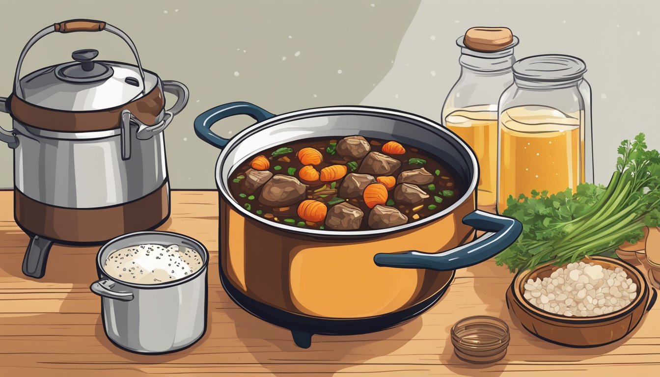 A bubbling pot of hearty stew simmering on a stovetop, with a can of Guinness and various ingredients nearby for cooking