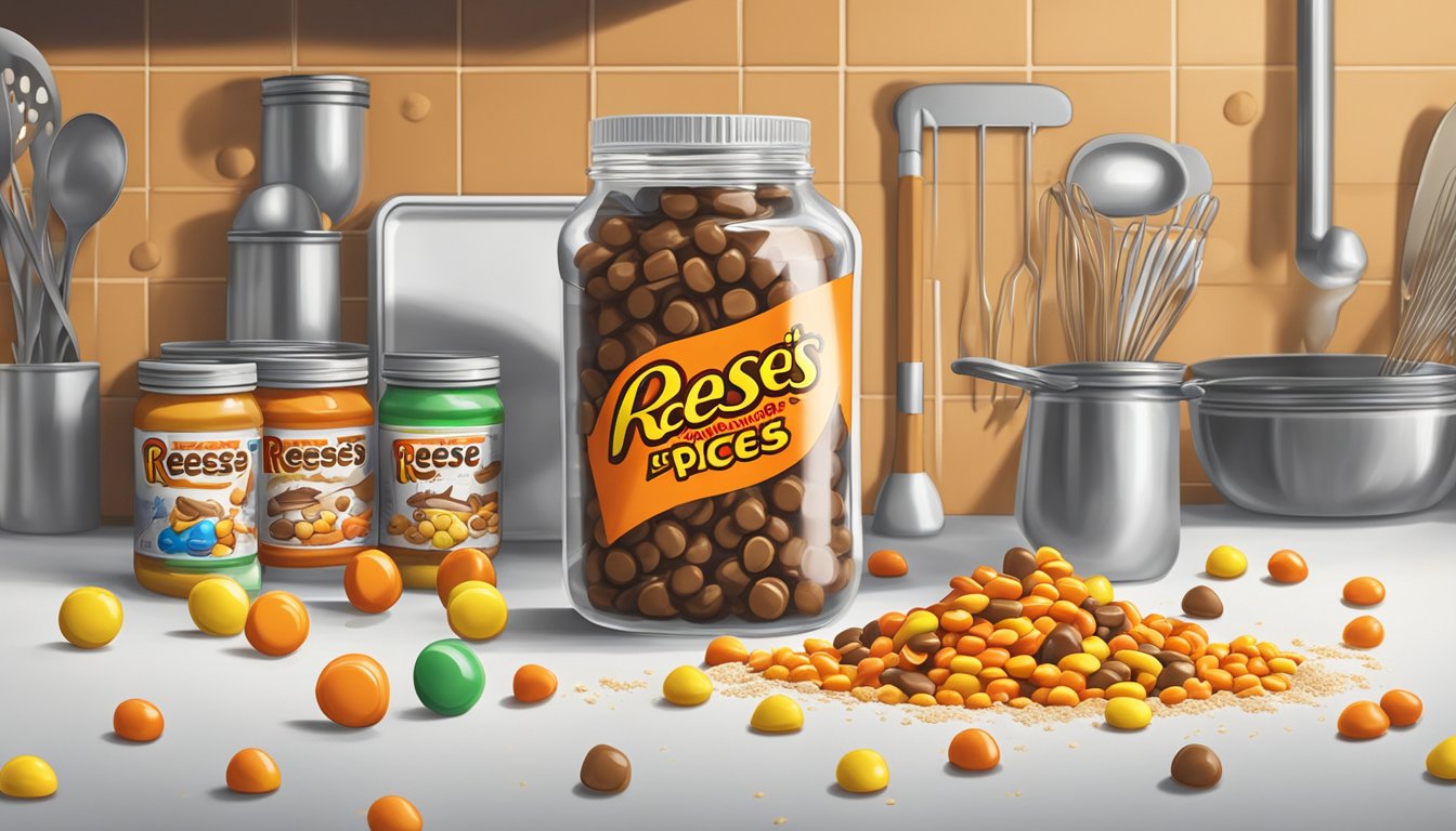 A jar of Reese's Pieces spills onto a kitchen counter, surrounded by peanut butter, flour, and baking utensils