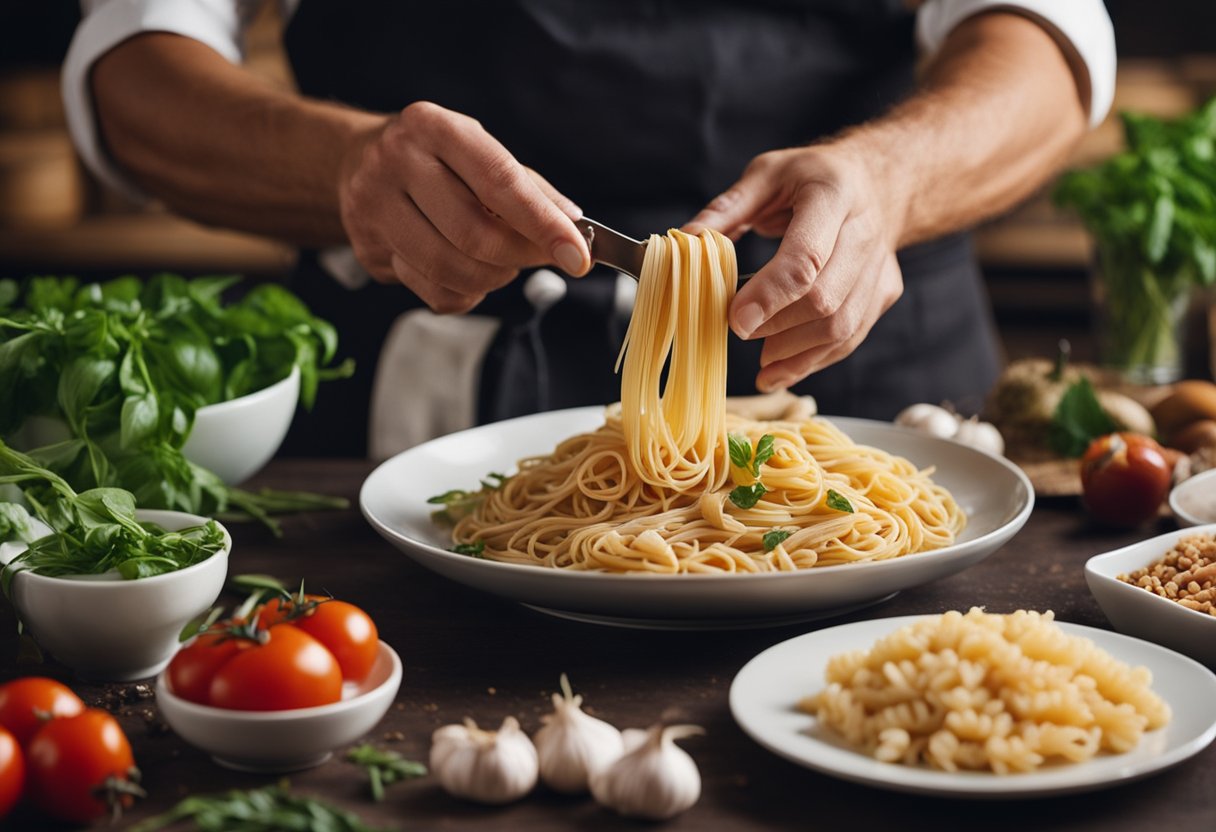 Um chef seleciona e prepara cuidadosamente massa integral para um prato italiano autêntico, cercado por ingredientes frescos como tomates, alho e ervas.