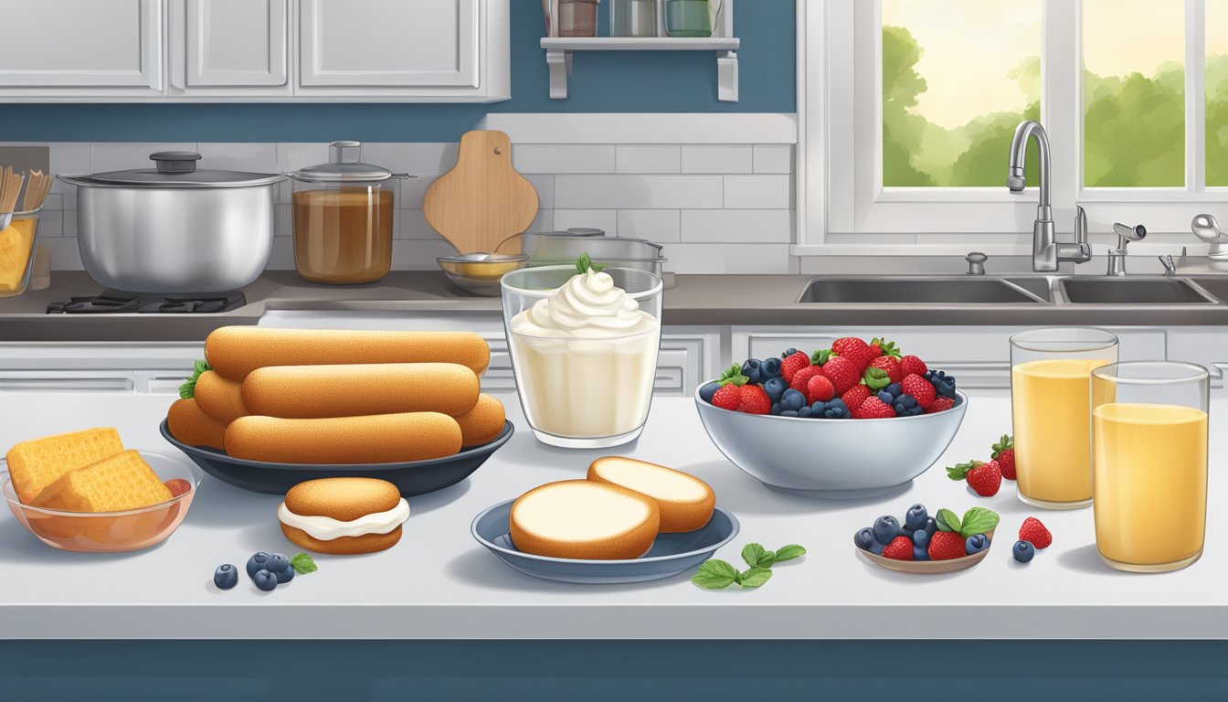 A kitchen counter with a variety of ingredients and utensils, including Twinkies, berries, whipped cream, and a trifle dish