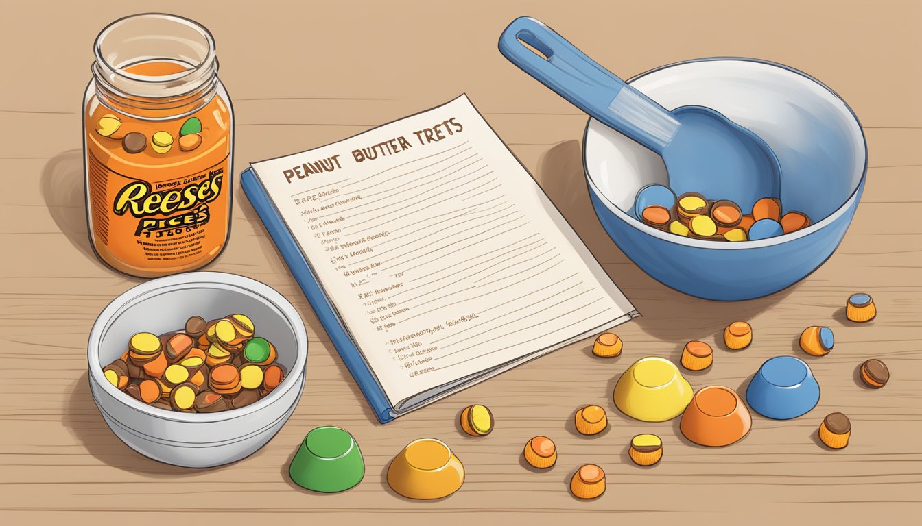 A jar of Reese's Pieces sits next to a mixing bowl and measuring cups, with a recipe book open to a page titled "Peanut Butter Treats."