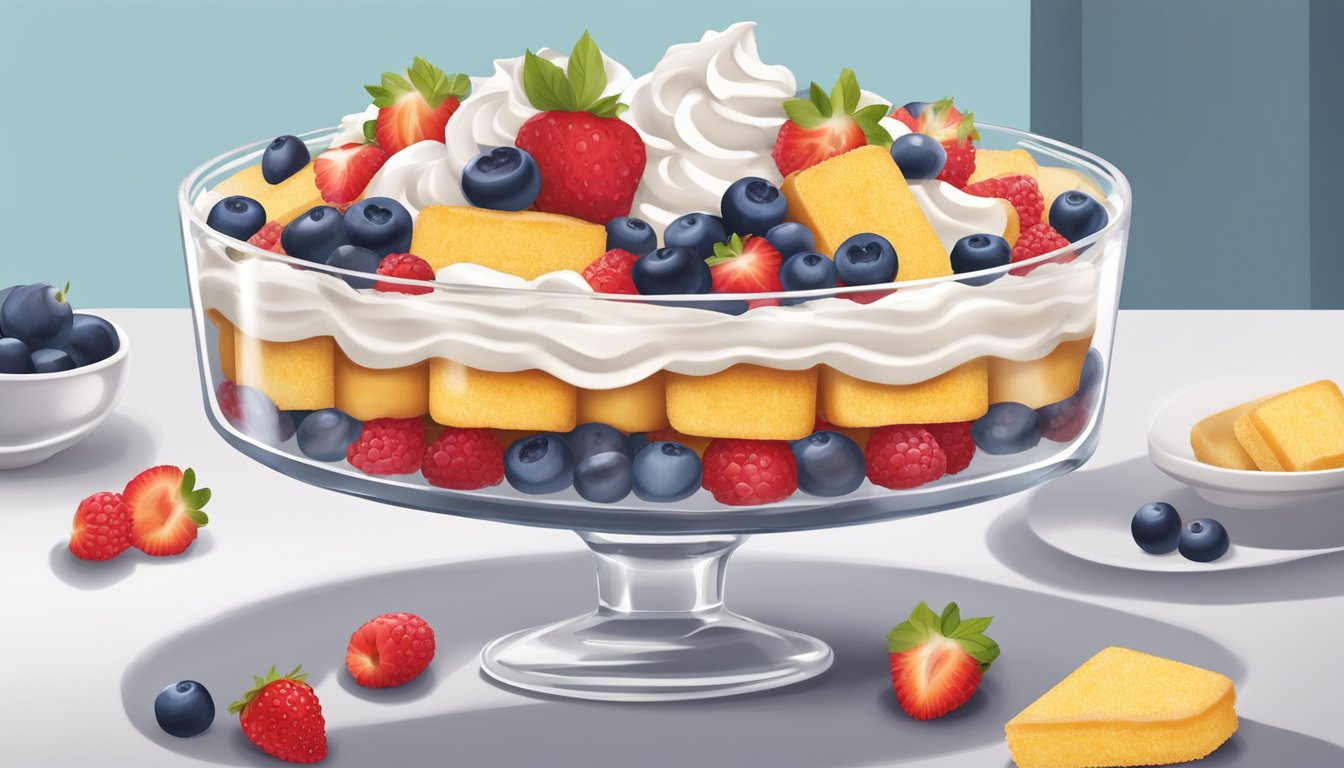 Twinkies, whipped cream, and berries arranged on a glass trifle dish. Layers of crumbled Twinkies, creamy filling, and fruit create a colorful dessert