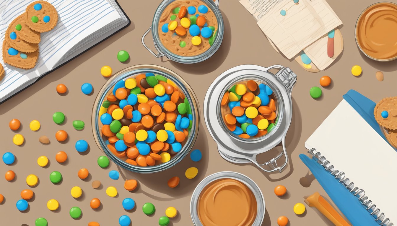 A colorful bowl of Reese's Pieces next to a jar of peanut butter, surrounded by measuring cups and spoons, with a recipe book open to a page on peanut butter treats