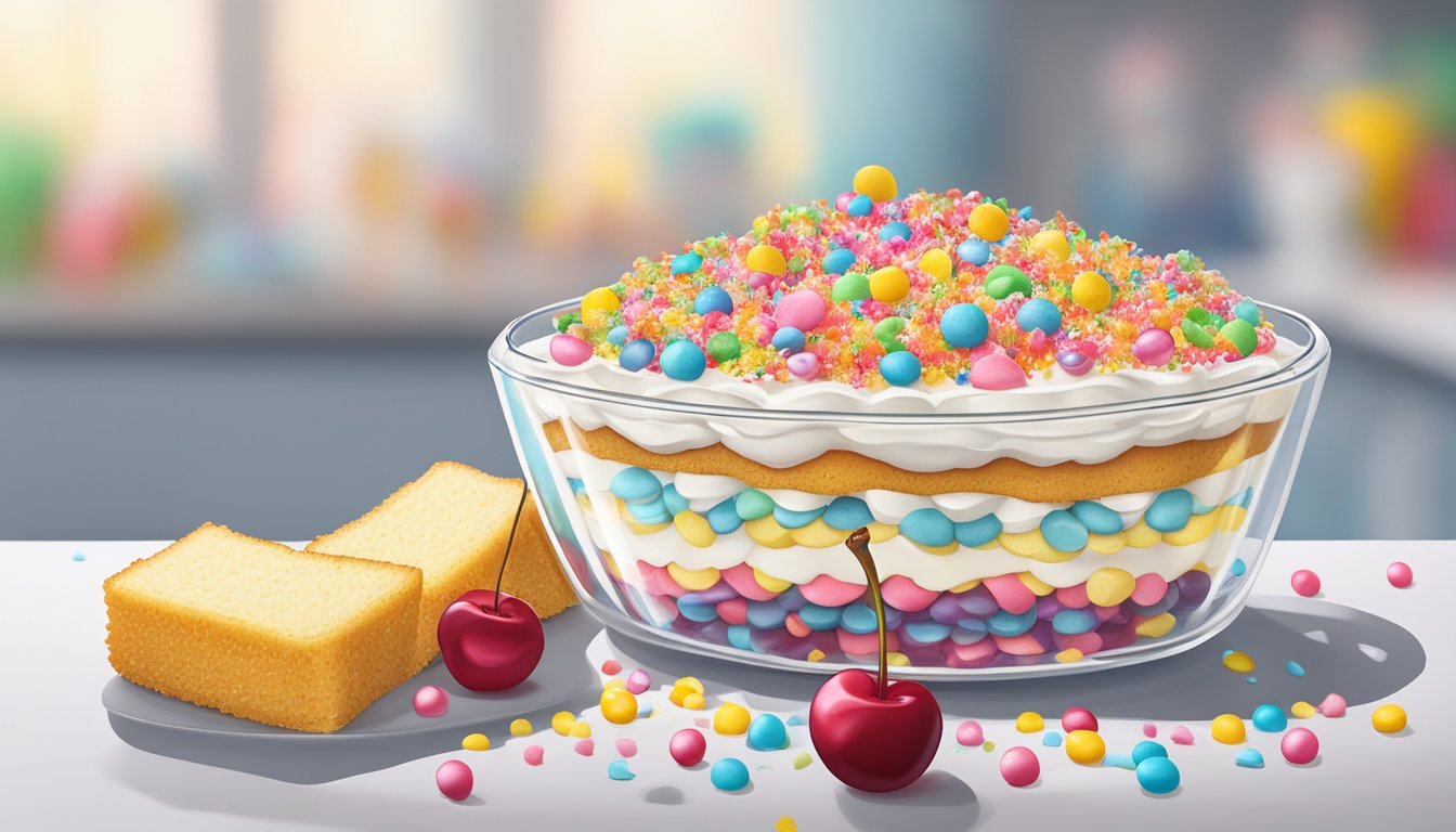 A clear glass trifle dish filled with layers of sliced Twinkies, whipped cream, and colorful sprinkles, topped with a cherry