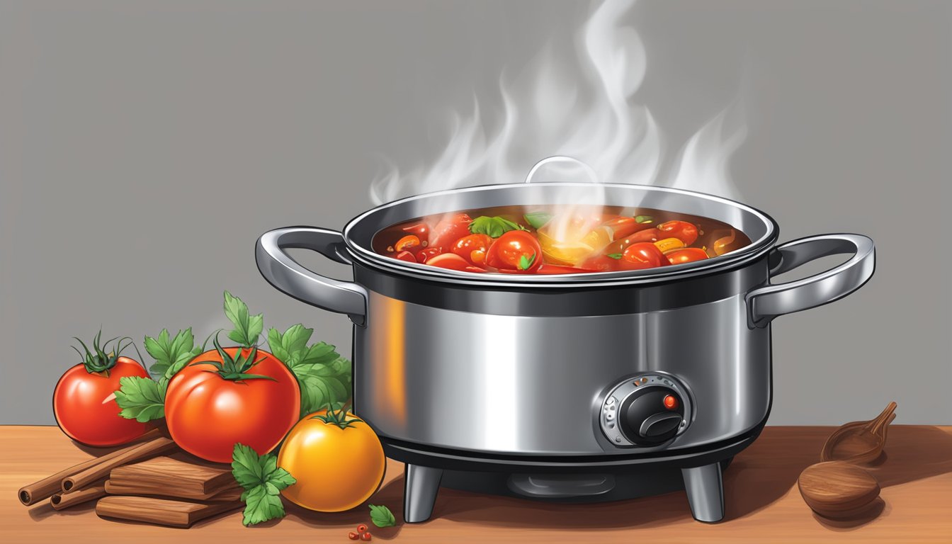 A pot simmering on a stove with Dr Pepper, tomatoes, spices, and vinegar, emitting a sweet and tangy aroma