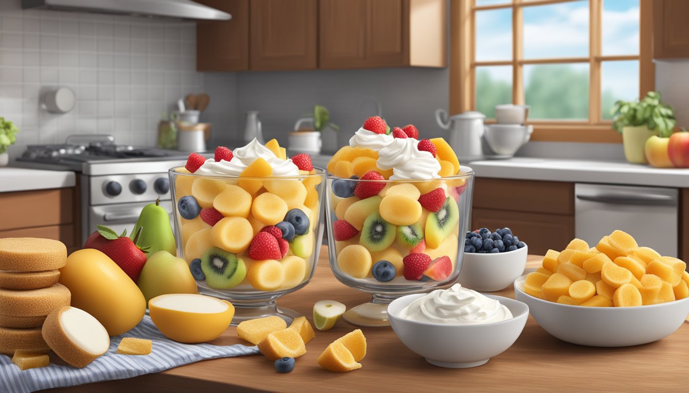 A kitchen counter with Twinkies, assorted fruits, and whipped cream ready to be assembled into unique trifles