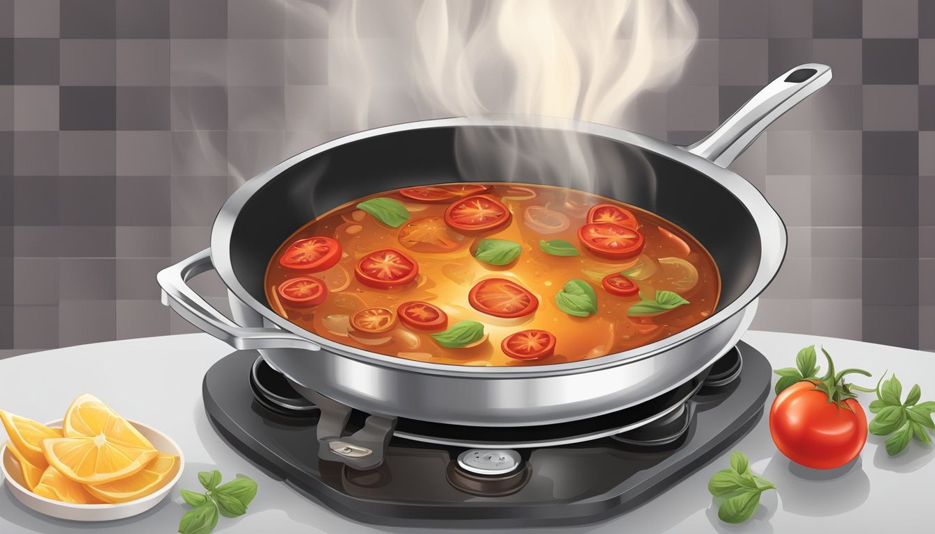 A pot simmering on a stovetop with Dr Pepper, tomatoes, onions, and spices, emitting a sweet and tangy aroma