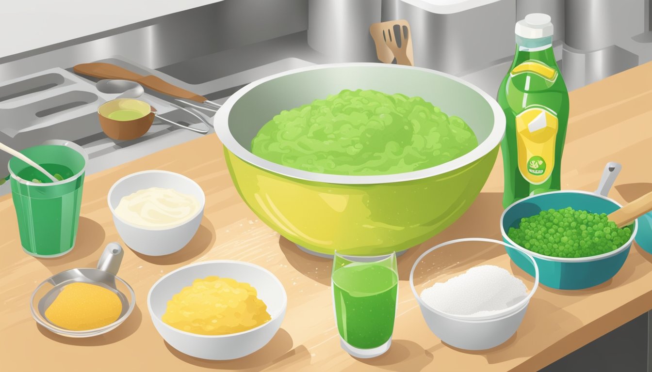 A bowl of batter being mixed with Sprite, surrounded by ingredients and cooking utensils on a kitchen counter